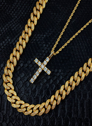 Necklace - Diamond Cuban Link X Cross | 18k Gold