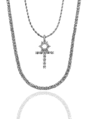 Necklace - Diamond Tennis & Cross Set X White Gold