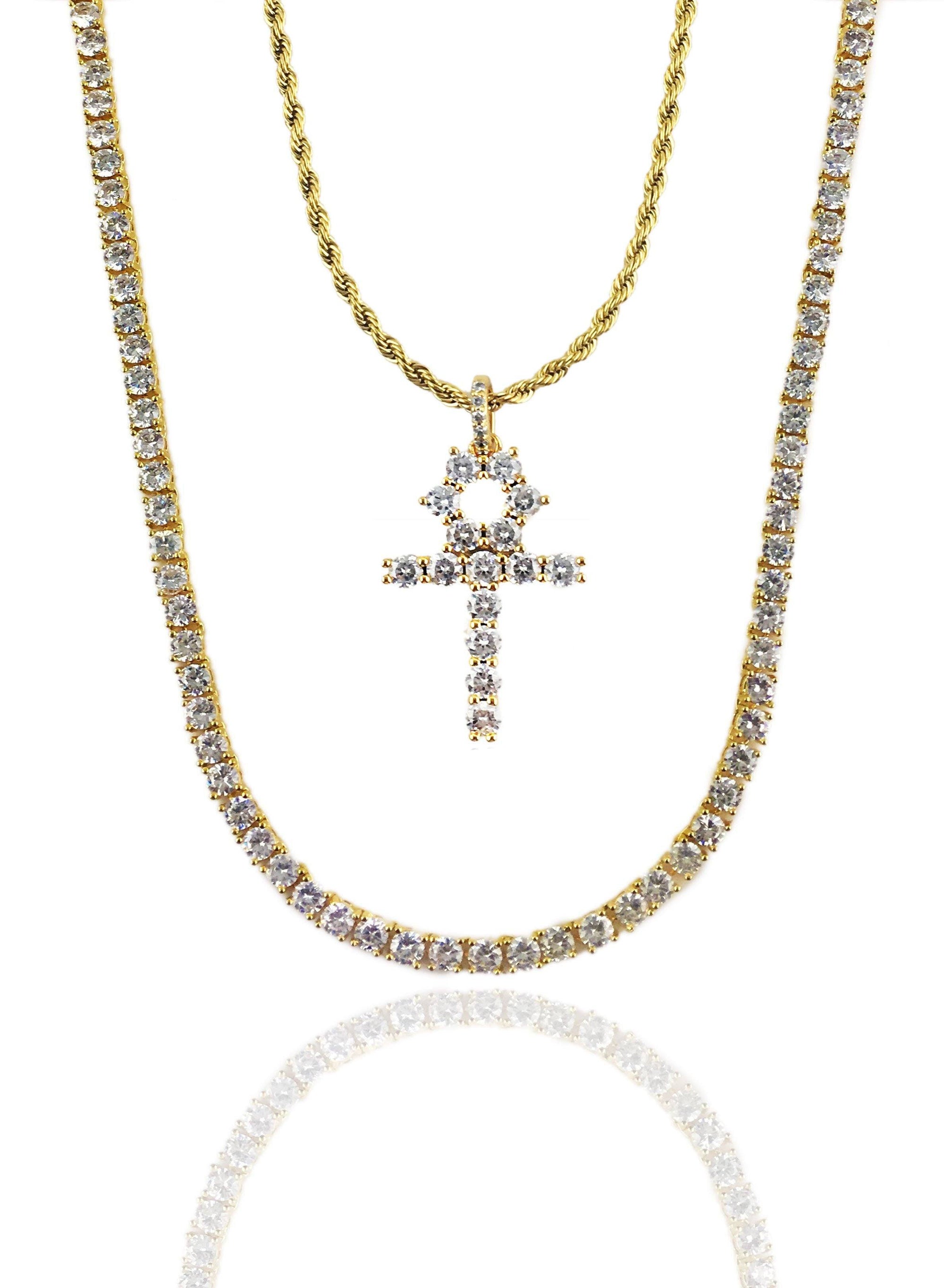 Necklace - Diamond Tennis X Ankh Set - 18k Gold