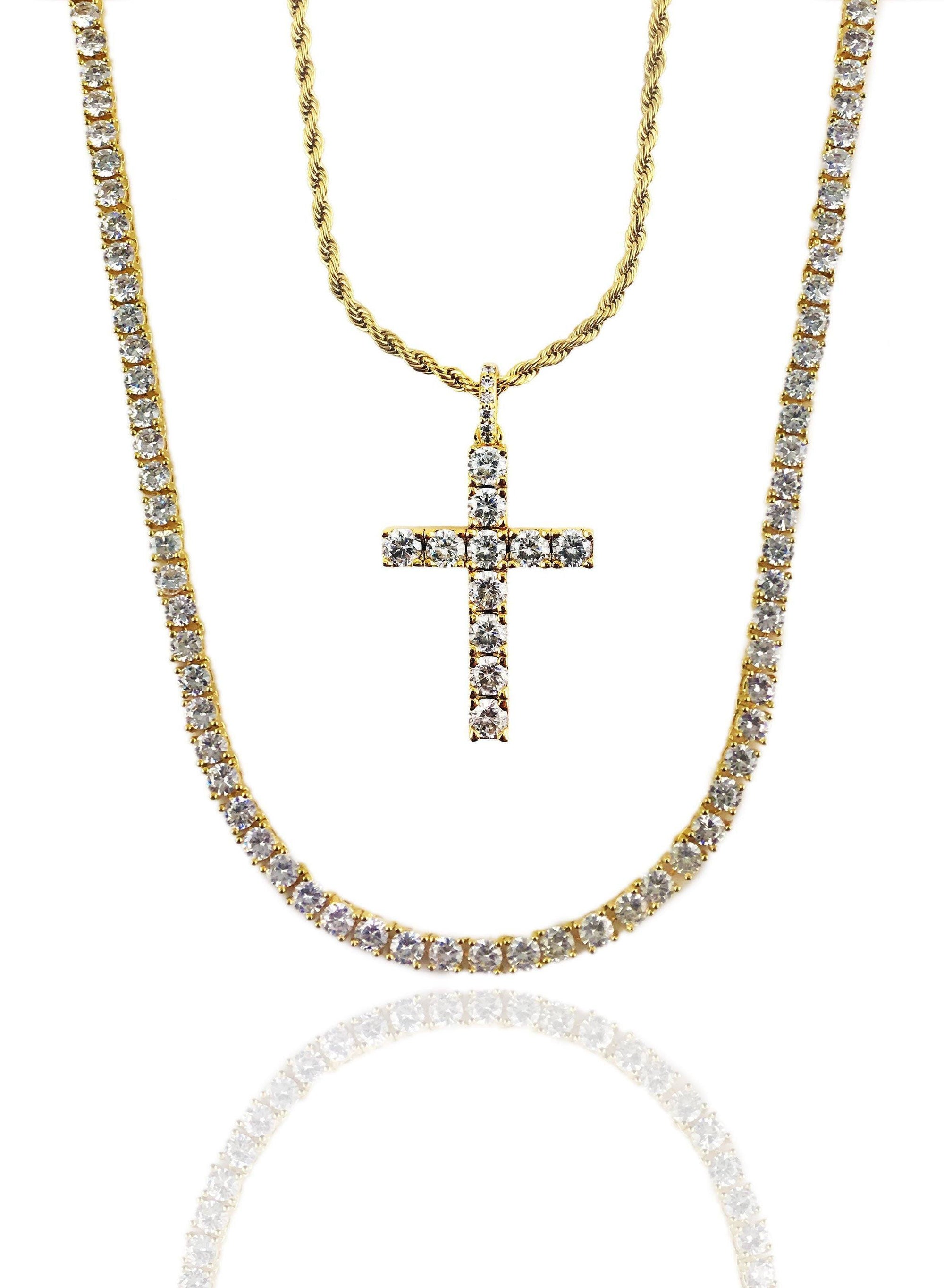 Necklace - Diamond Tennis X Cross Set - 18k Gold